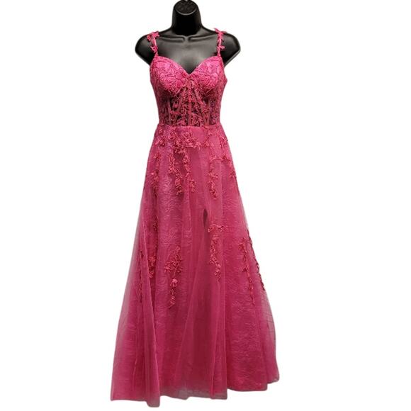NWT Vine Dress with Semi-Sheer Bodice Corset Back Tulle Skirt Hot Pink - Picture 1 of 8
